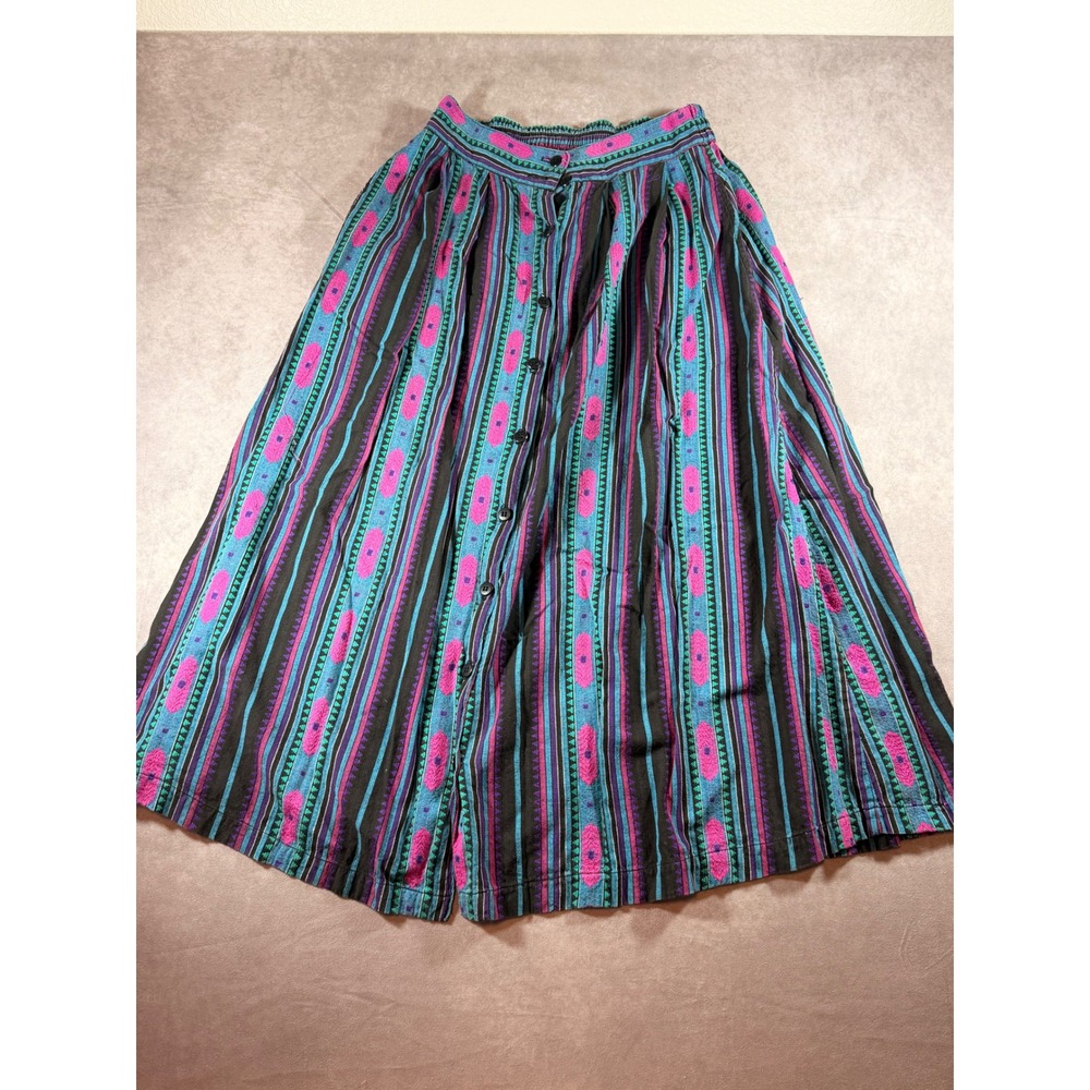 Chez T Vintage Boho Tribal Stripe Button Front Maxi Skirt Cotton Large Nepal